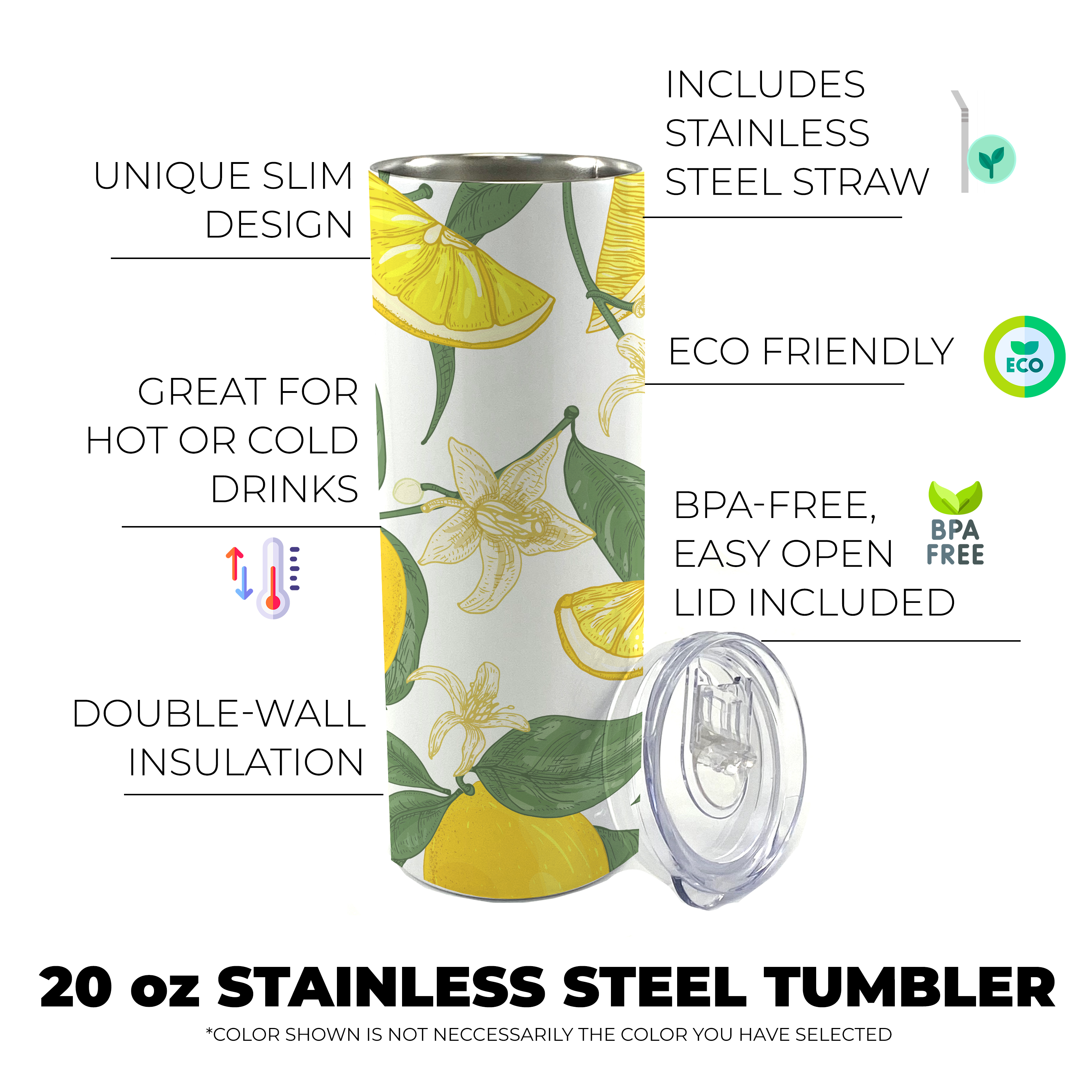 Trend Setters Originals (Lemons) 20 Oz Stainless Steel Travel Tumbler with Straw