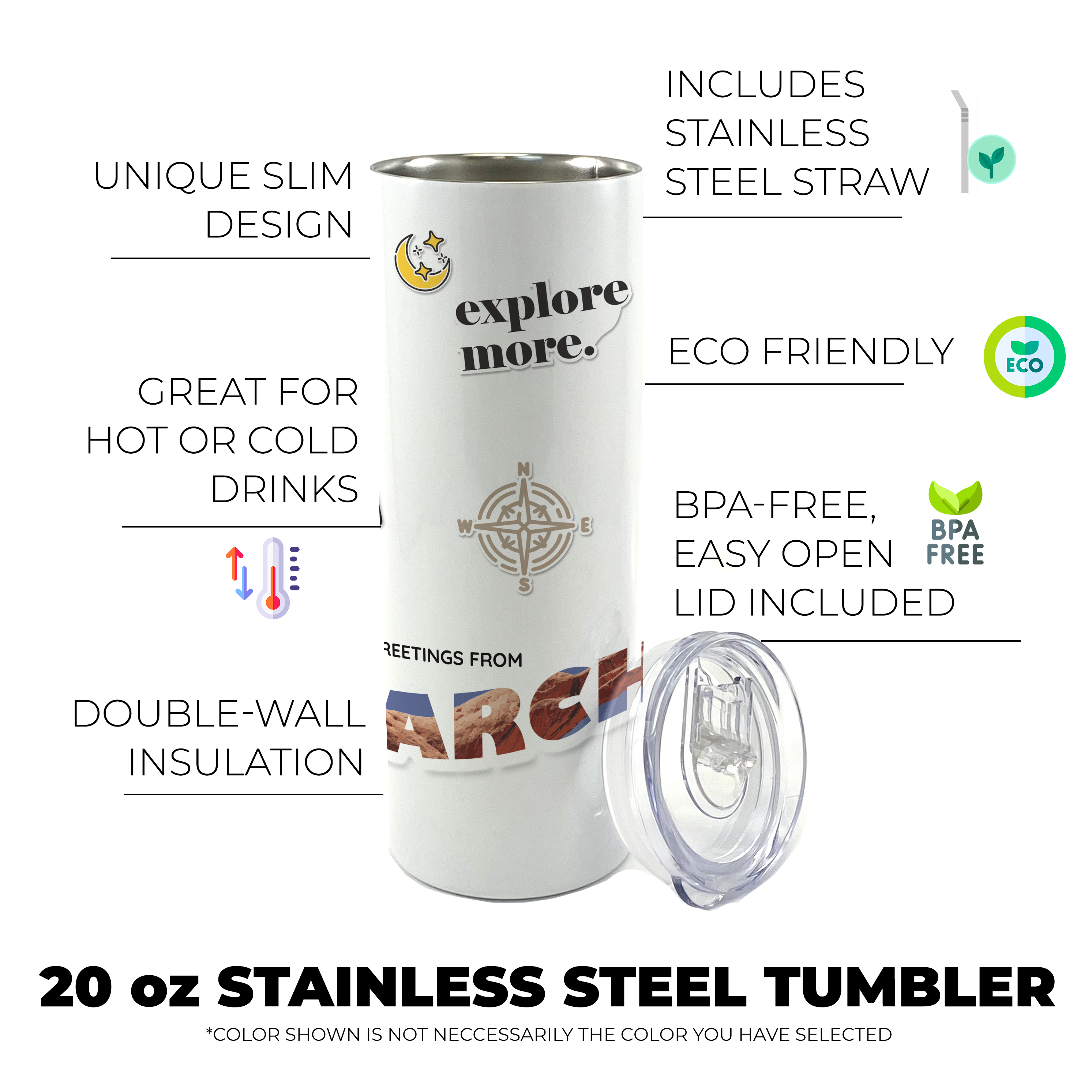 Vacation Collection (National Park - Arches) 20 Oz Stainless Steel White Travel Tumbler with Straw SSTUMW0103