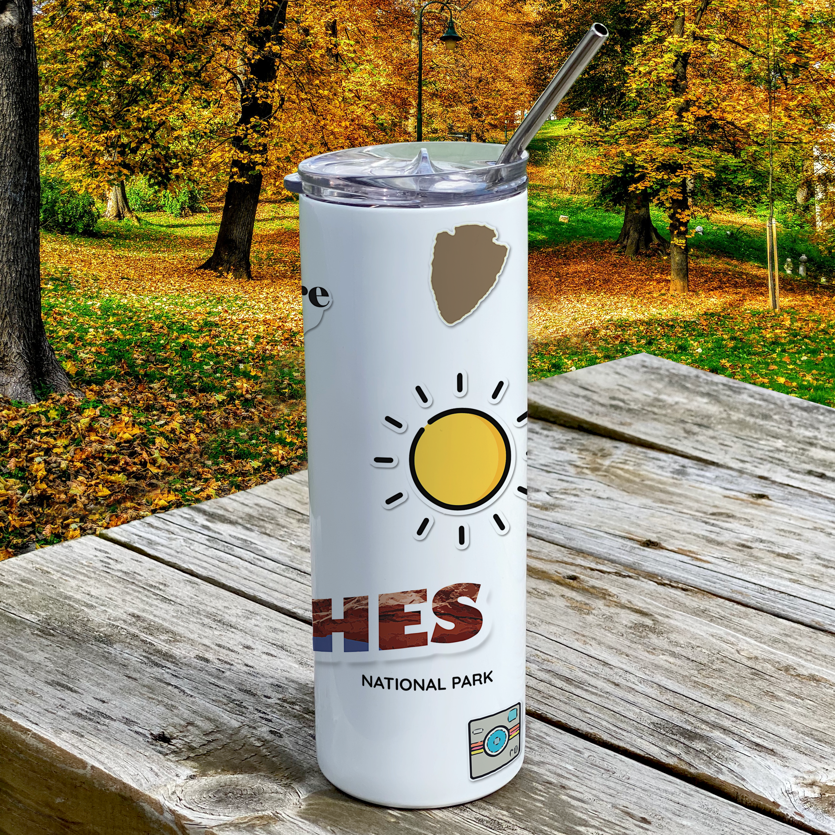 Vacation Collection (National Park - Arches) 20 Oz Stainless Steel White Travel Tumbler with Straw SSTUMW0103