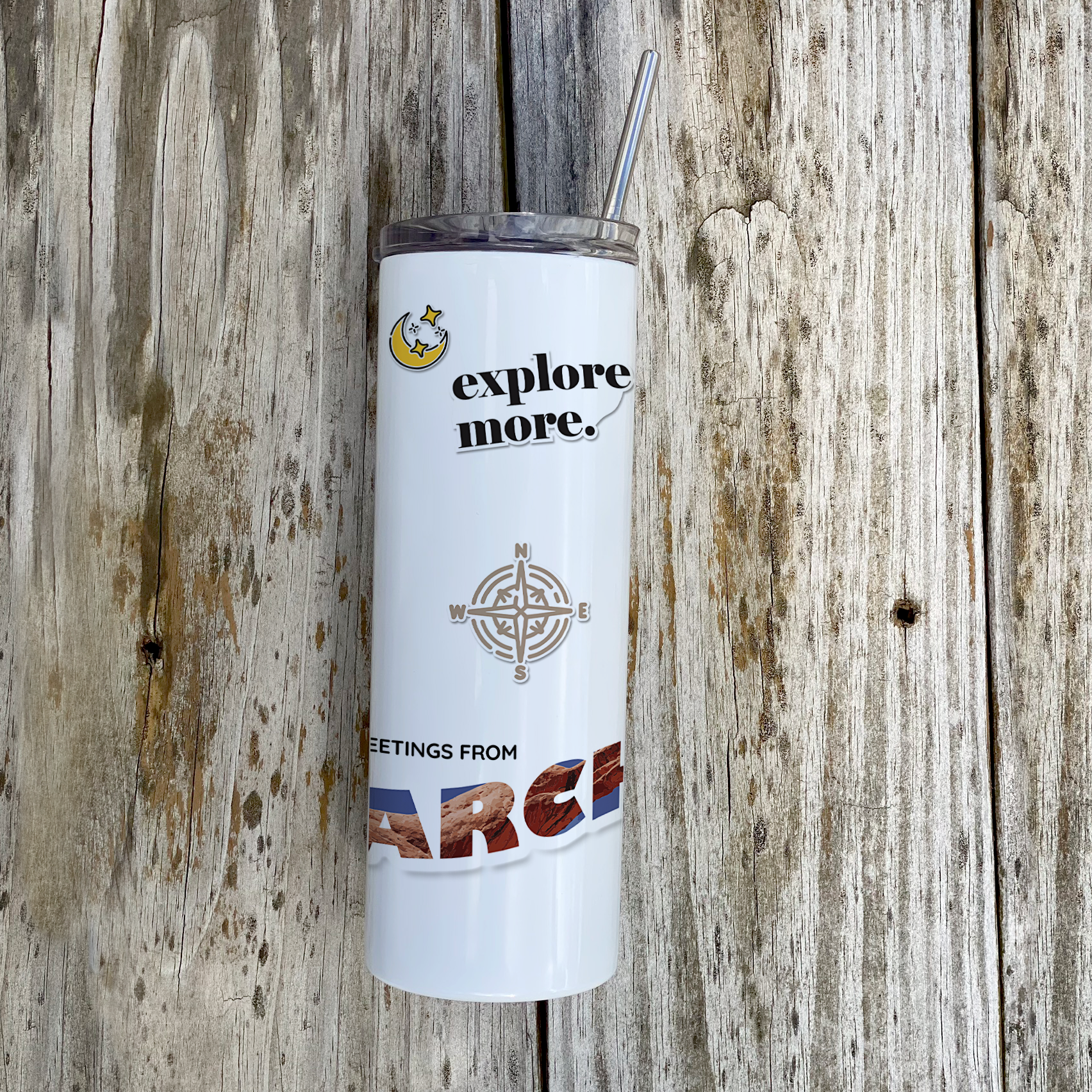 Vacation Collection (National Park - Arches) 20 Oz Stainless Steel White Travel Tumbler with Straw SSTUMW0103