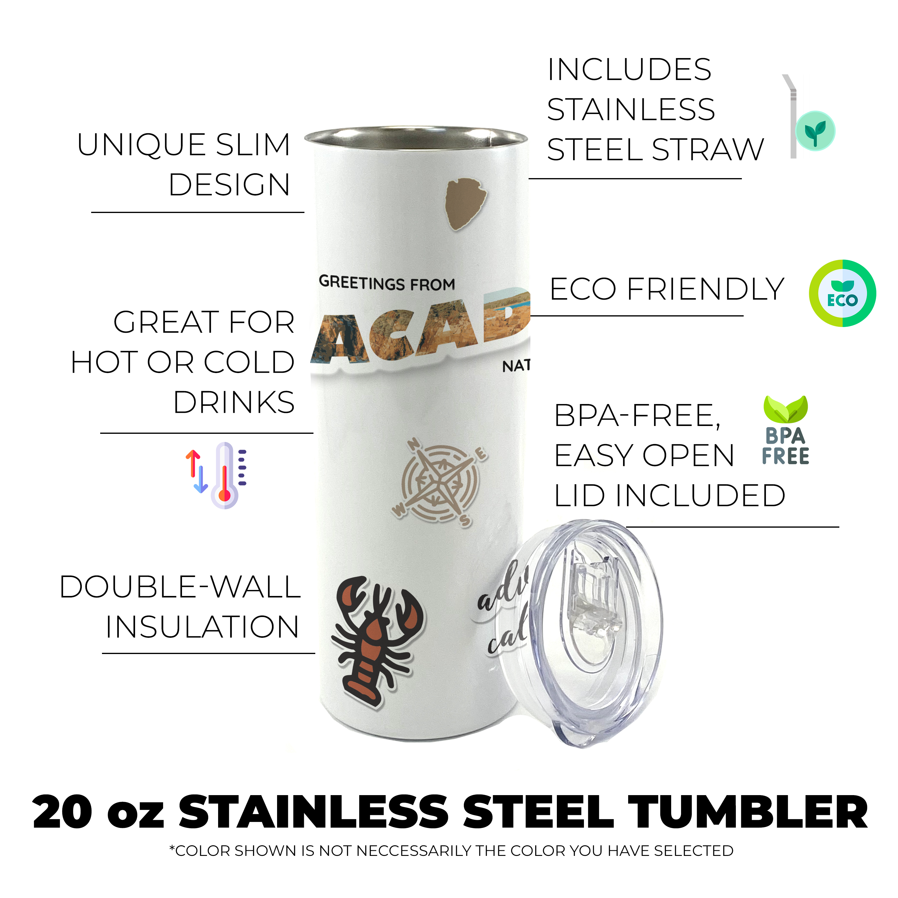 Vacation Collection (National Park - Acadia) 20 Oz Stainless Steel White Travel Tumbler with Straw SSTUMW0105
