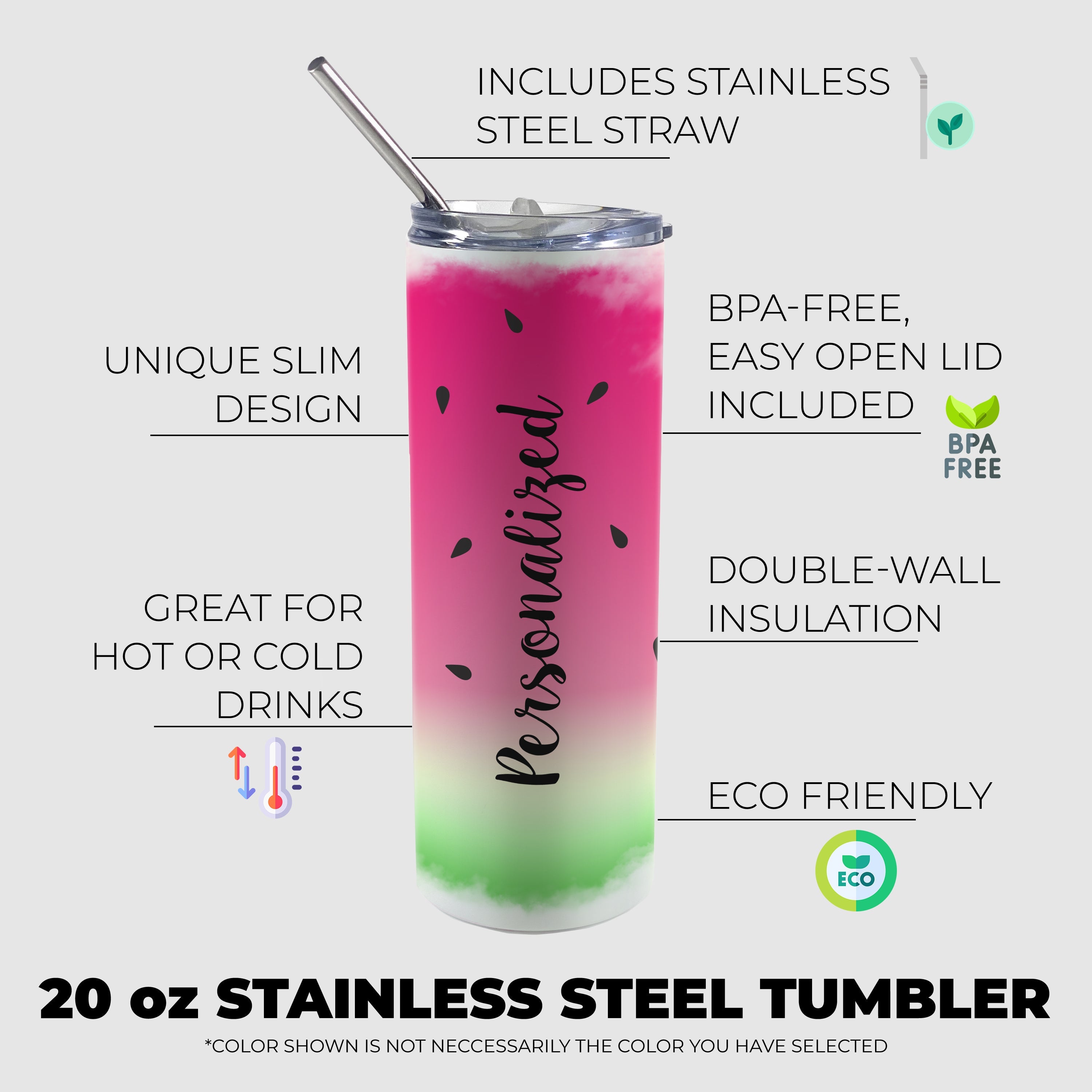 Trend Setters Originals (Watermelon - Personalized) 20 oz Stainless Steel Travel Tumbler with Straw