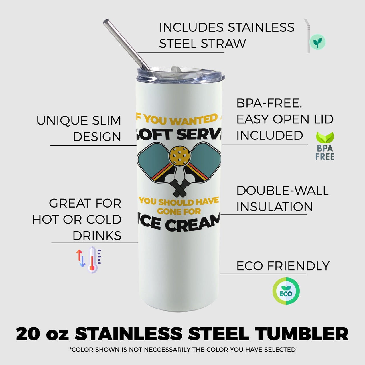 Trend Setters Originals (Soft Serve Pickleball - White) 20 Oz Stainless Steel Travel Tumbler with Straw SSTUMW0125