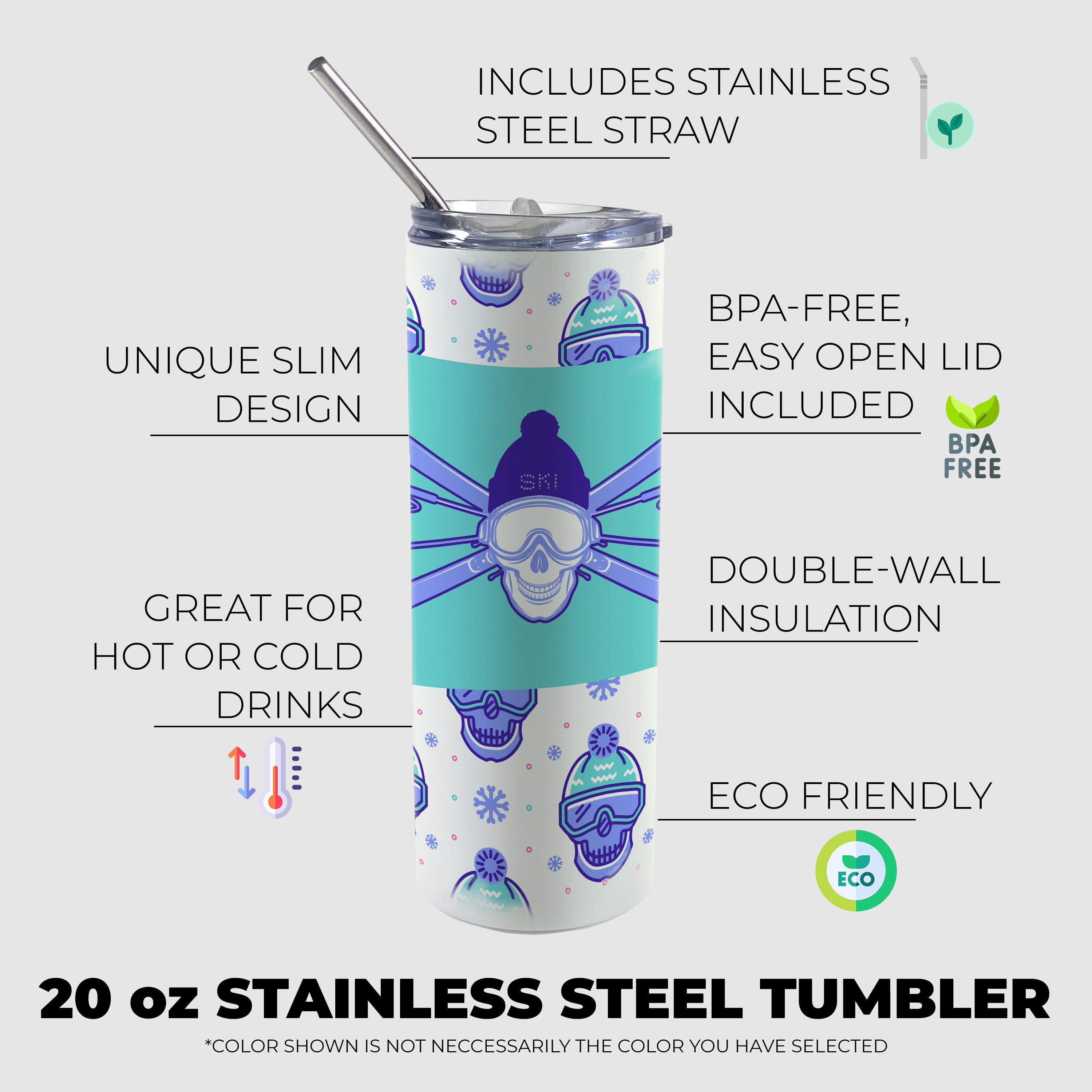 Sports Collection (Ski Skulls) 20oz Stainless Steel Tumbler with Straw