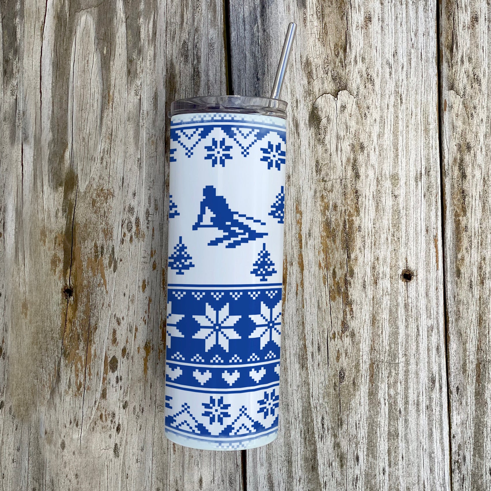 Sports Collection (Skiing Ugly Sweater - Blue) 20oz Stainless Steel Tumbler with Straw