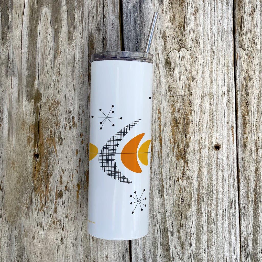 Trend Setters Originals (Mid-Century Modern Atomic) 20 oz Stainless Steel Travel White Tumbler with Straw SSTUMW0170