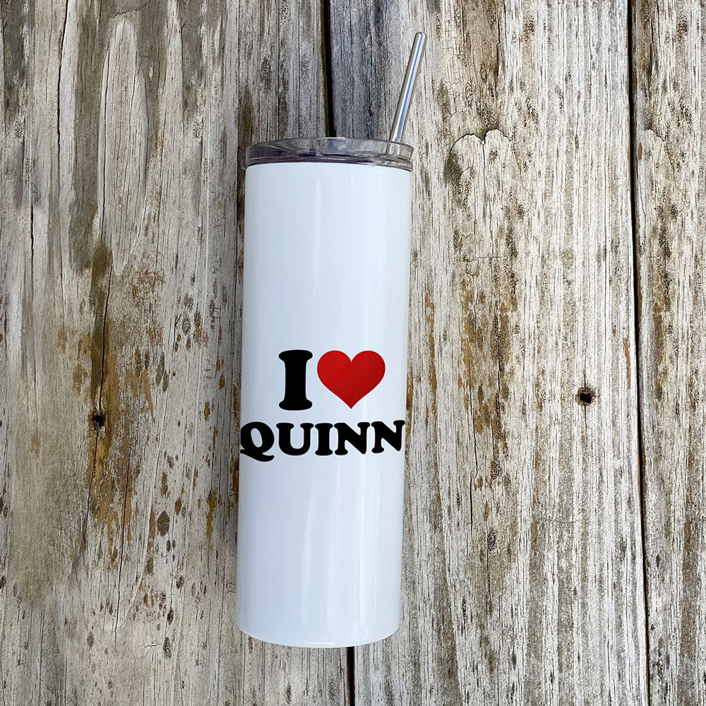 Trend Setters Original (I Heart Custom Name) Personalized 20 oz Stainless Steel Travel White Tumbler with Straw SSTUMW0177