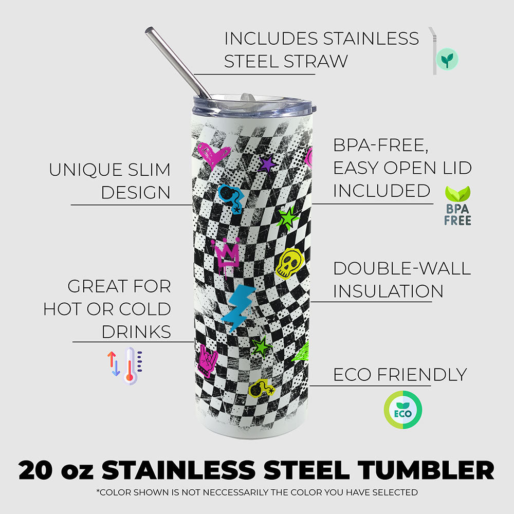Trend Setters Original (Punk Checkerboard) 20 oz Stainless Steel Travel White Tumbler with Straw SSTUMW0183