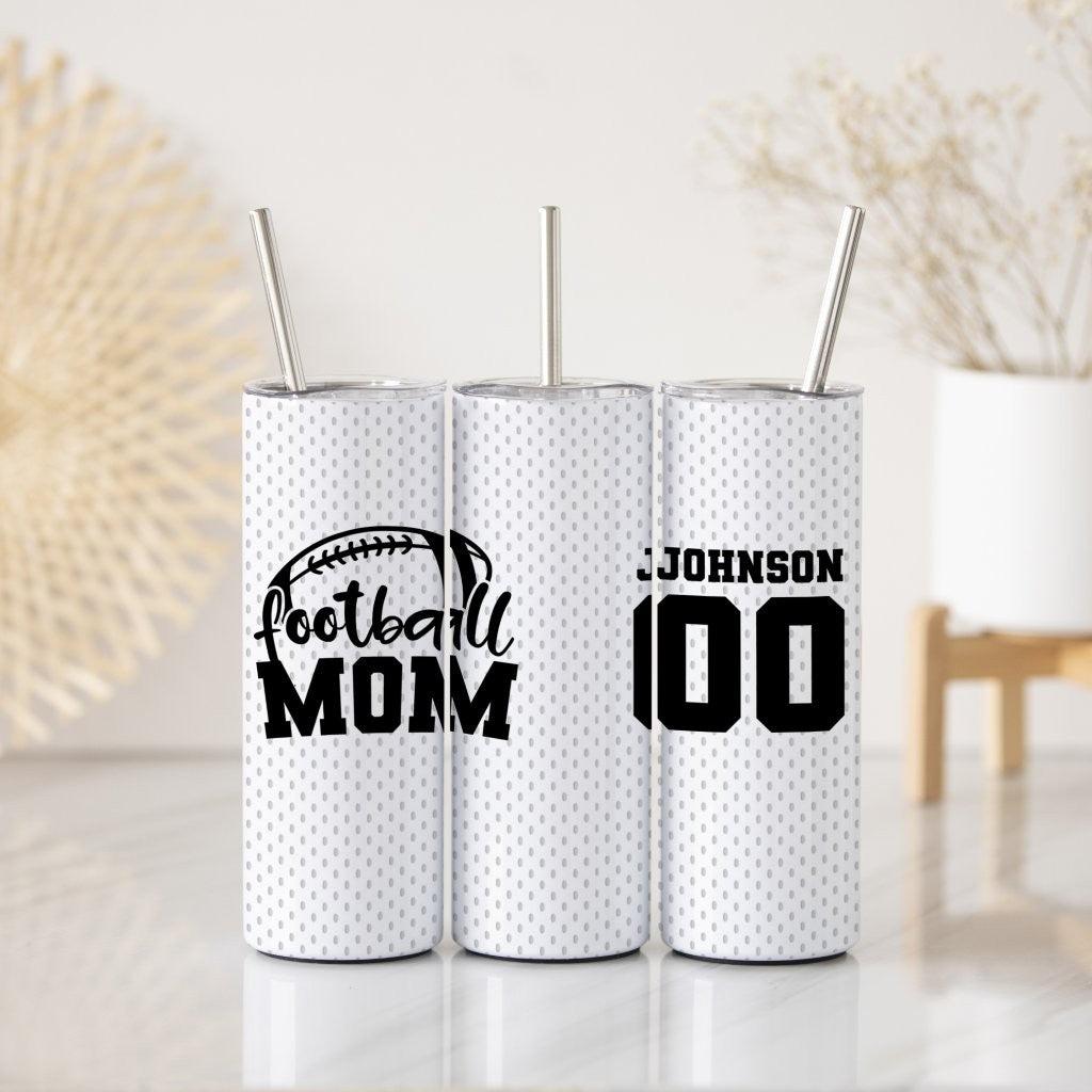 Trend Setters Original (Football Mom - Personalized) 20 Oz Stainless Steel Travel Tumbler with Straw (White Iridescent)