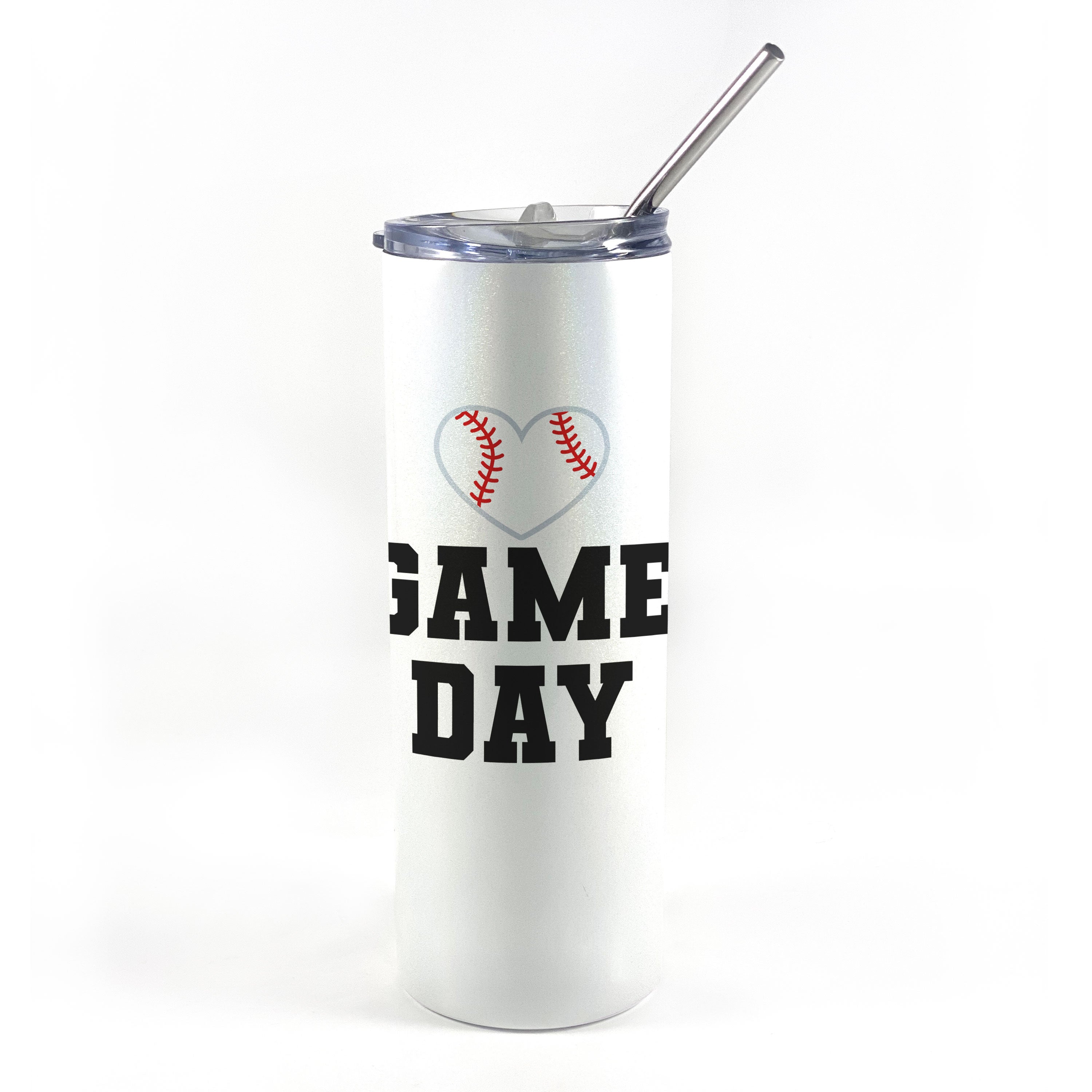 Sports Collection (Baseball Game Day - Personalized) 20 Oz Stainless Steel Travel Tumbler with Straw (White Iridescent)