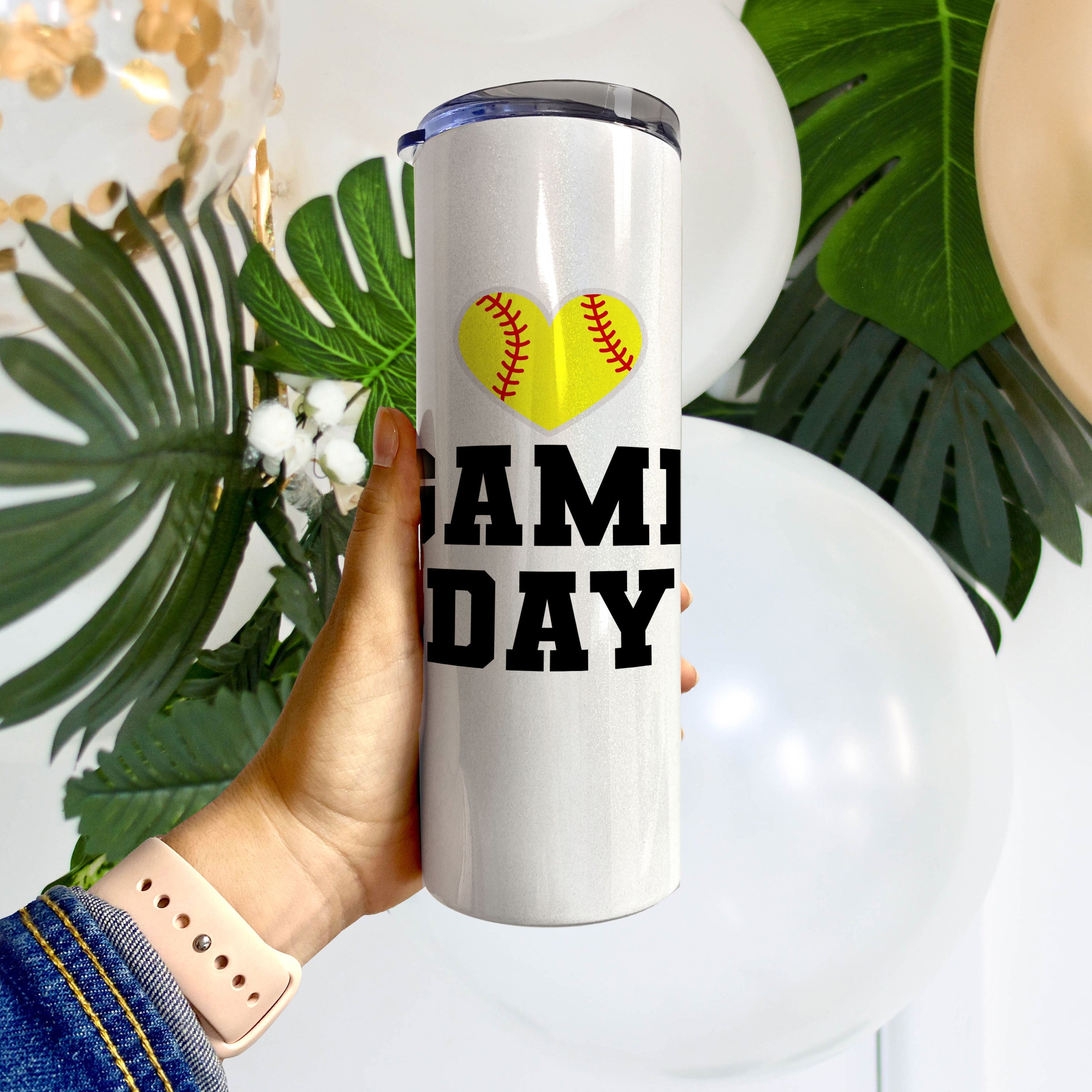 Sports Collection (Softball Game Day - Personalized) 20 Oz Stainless Steel Travel Tumbler with Straw  (White Iridescent)