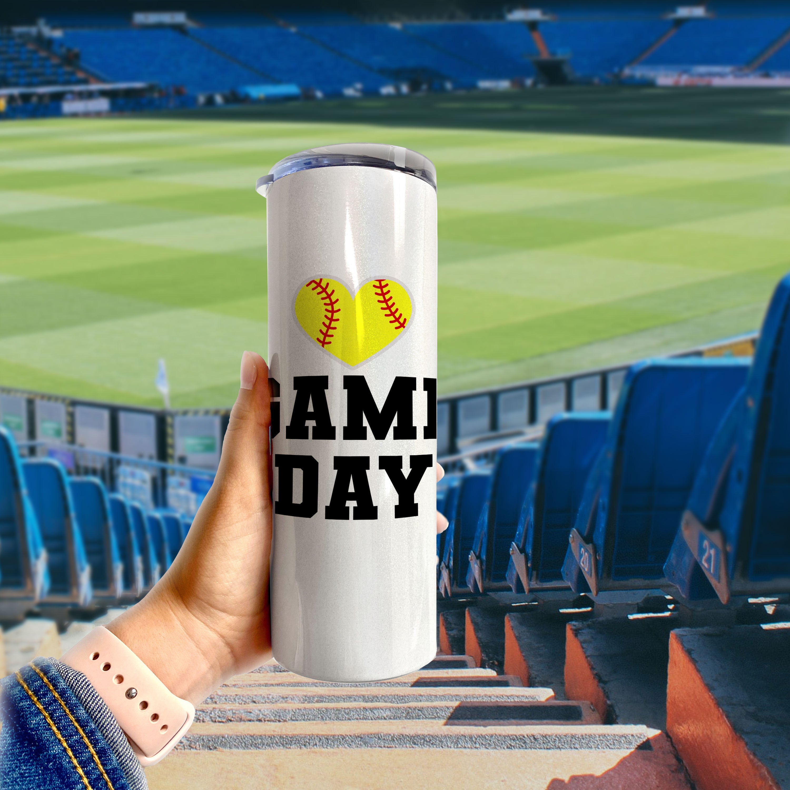 Sports Collection (Softball Game Day - Personalized) 20 Oz Stainless Steel Travel Tumbler with Straw  (White Iridescent)