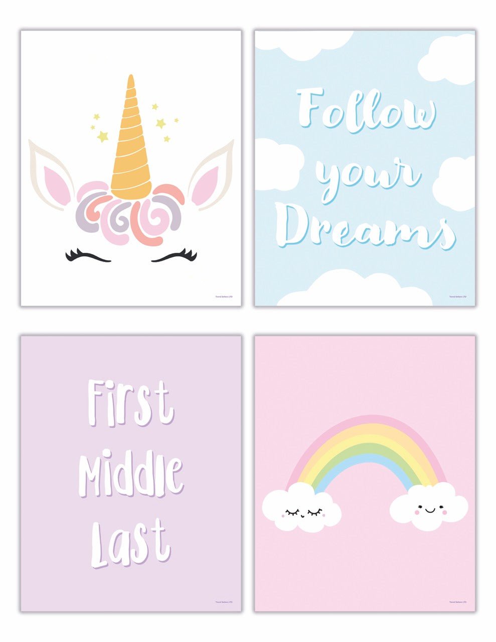 Trend Setters Original (Unicorn Dreams - Personalized) TrendyPrint™ Wall Art Set of Four TP08100062