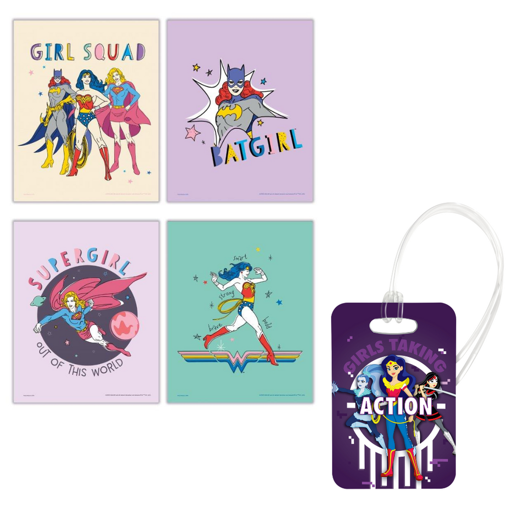 DC Comics (Justice League Women - Super Doodle) TrendyPrint™ Wall Art Set + DC Super Hero Girls (Girls Taking Action) Luggage Tag