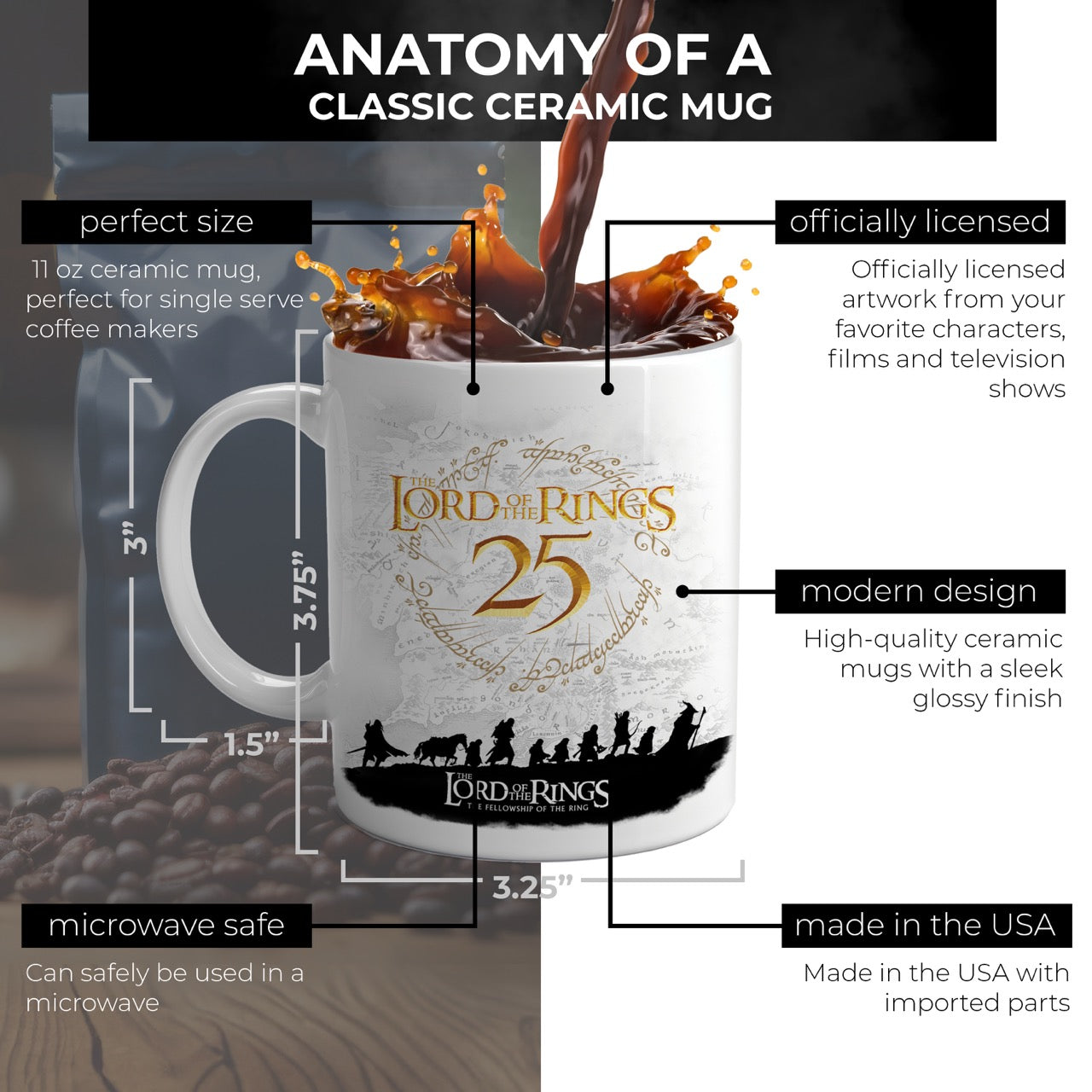 The Lord of the Rings: The Fellowship of the Ring 25th Anniversary (25 Years of Fellowship) 11 oz White Ceramic Mug WMUG1790