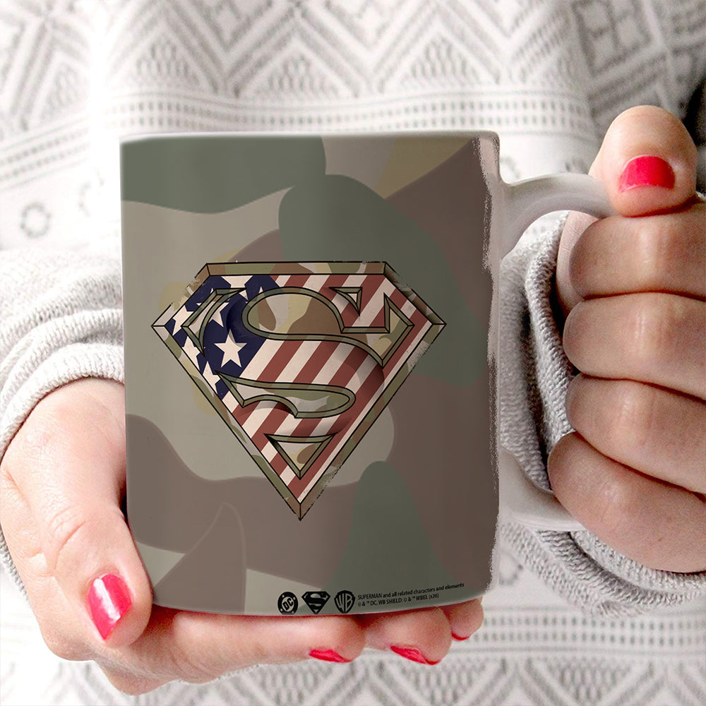 Superman (Camouflage and American Flag Shield) 11 oz White Ceramic Mug WMUG1828