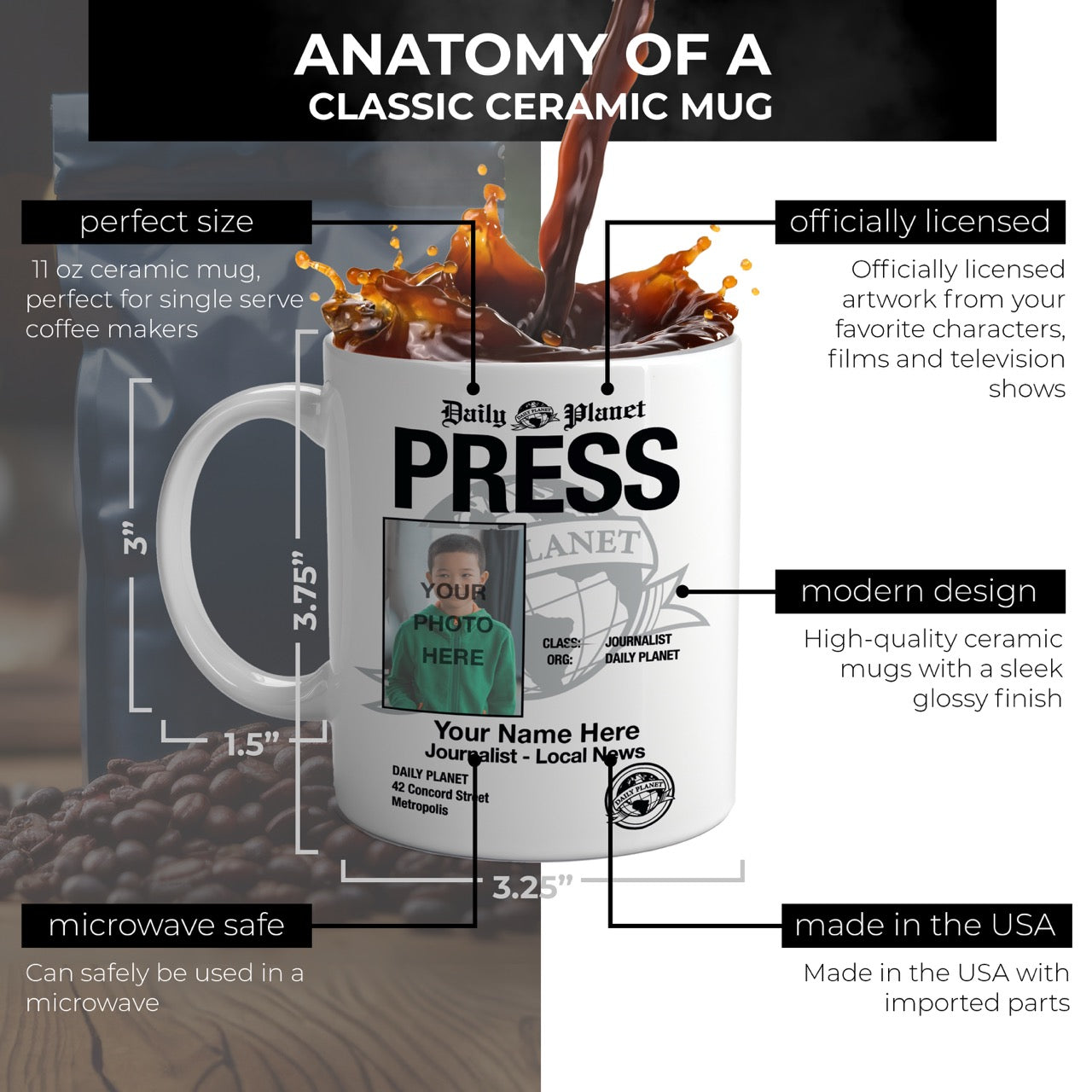 Superman (2025) (Daily Planet Press Pass – Personalized Name & Photo Upload) 11 oz White Ceramic Mug WMUGU1743