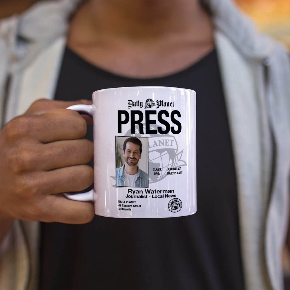 Superman (2025) (Daily Planet Press Pass – Personalized Name & Photo Upload) 11 oz White Ceramic Mug WMUGU1743