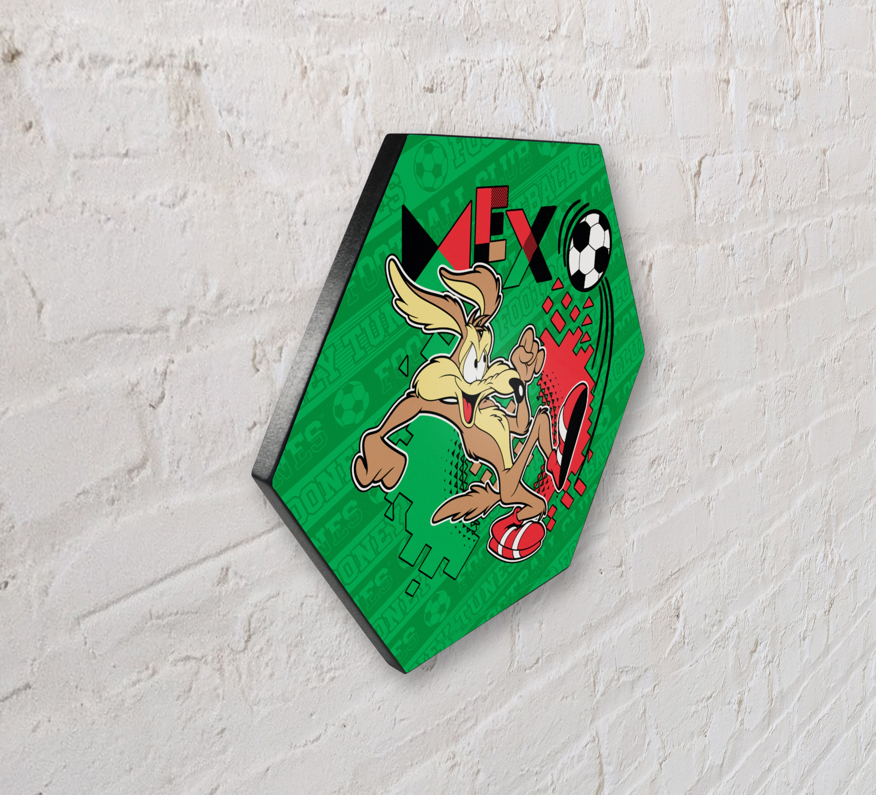 Looney Tunes (Team Mexico Soccer - Wile E. Coyote) KNEXAGON® Wood Print WPHEX1810BOH