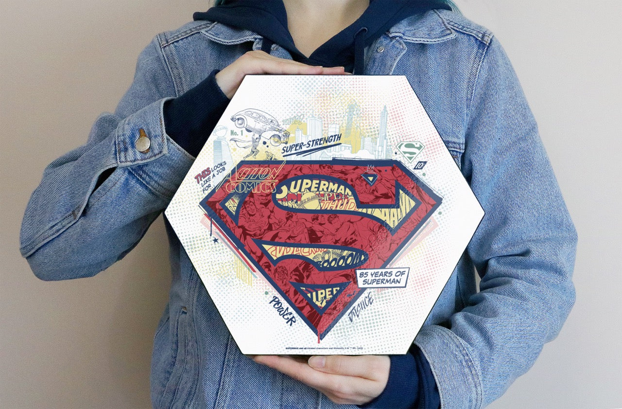Superman 85th Anniversary (Dots) KNEXAGON® Wood Print WPHEX2465