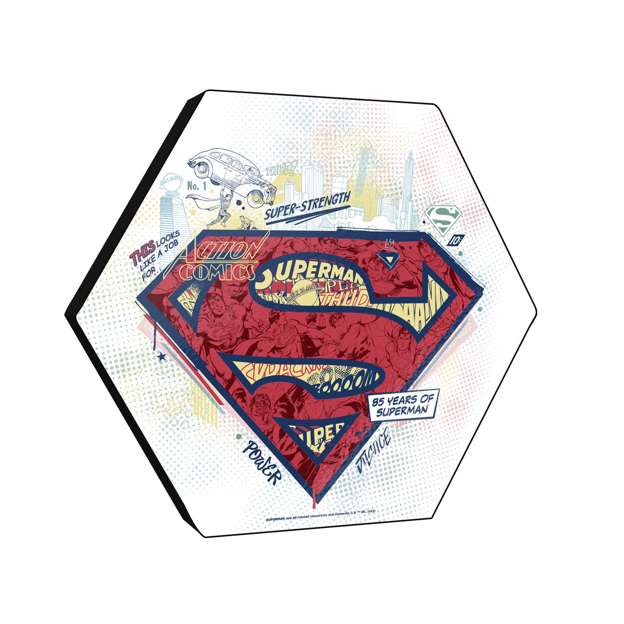 Superman 85th Anniversary (Dots) KNEXAGON® Wood Print WPHEX2465