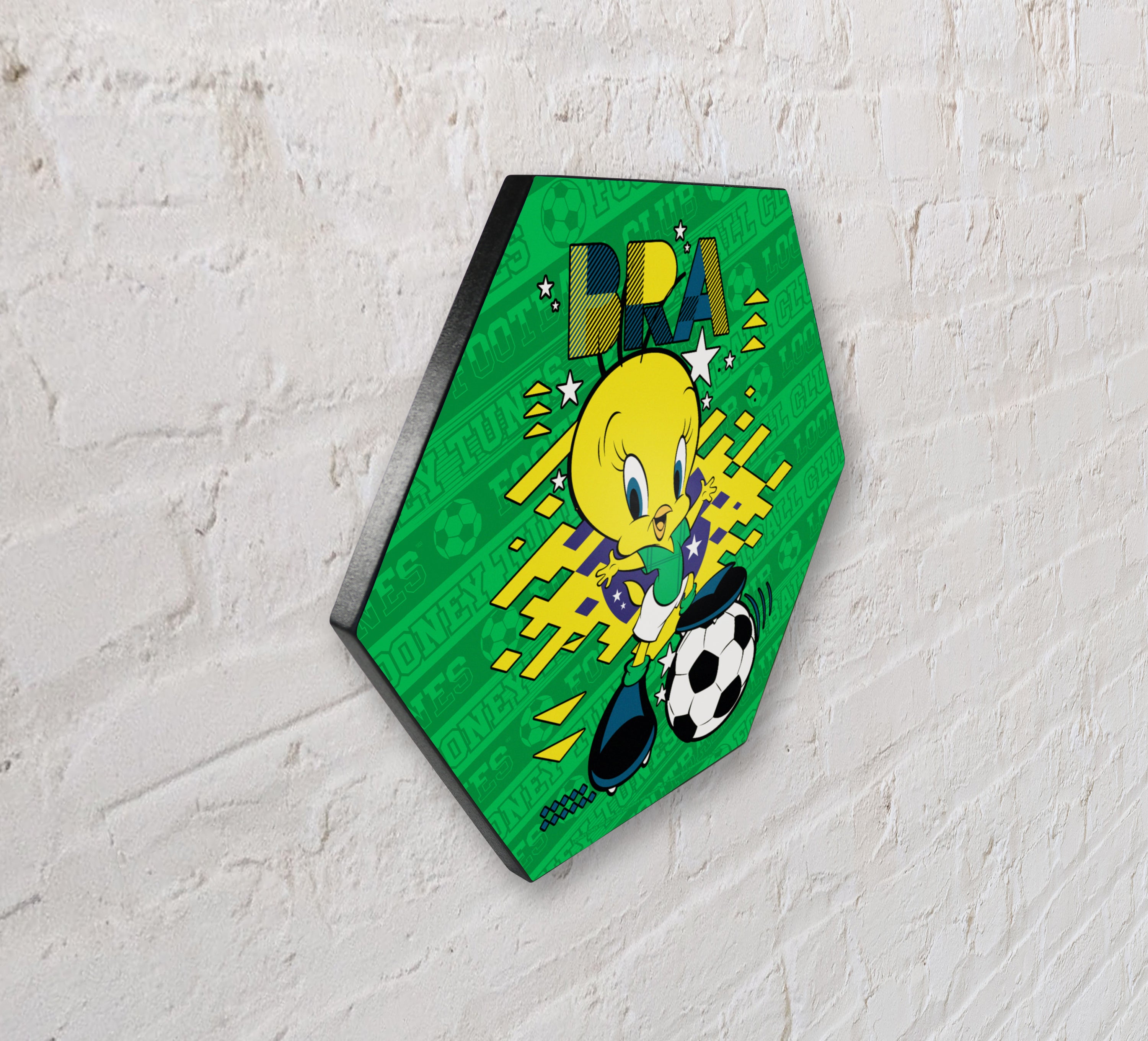 Looney Tunes (Team Brazil Soccer - Tweety Bird) KNEXAGON® Wood Print WPHEX4824BOH