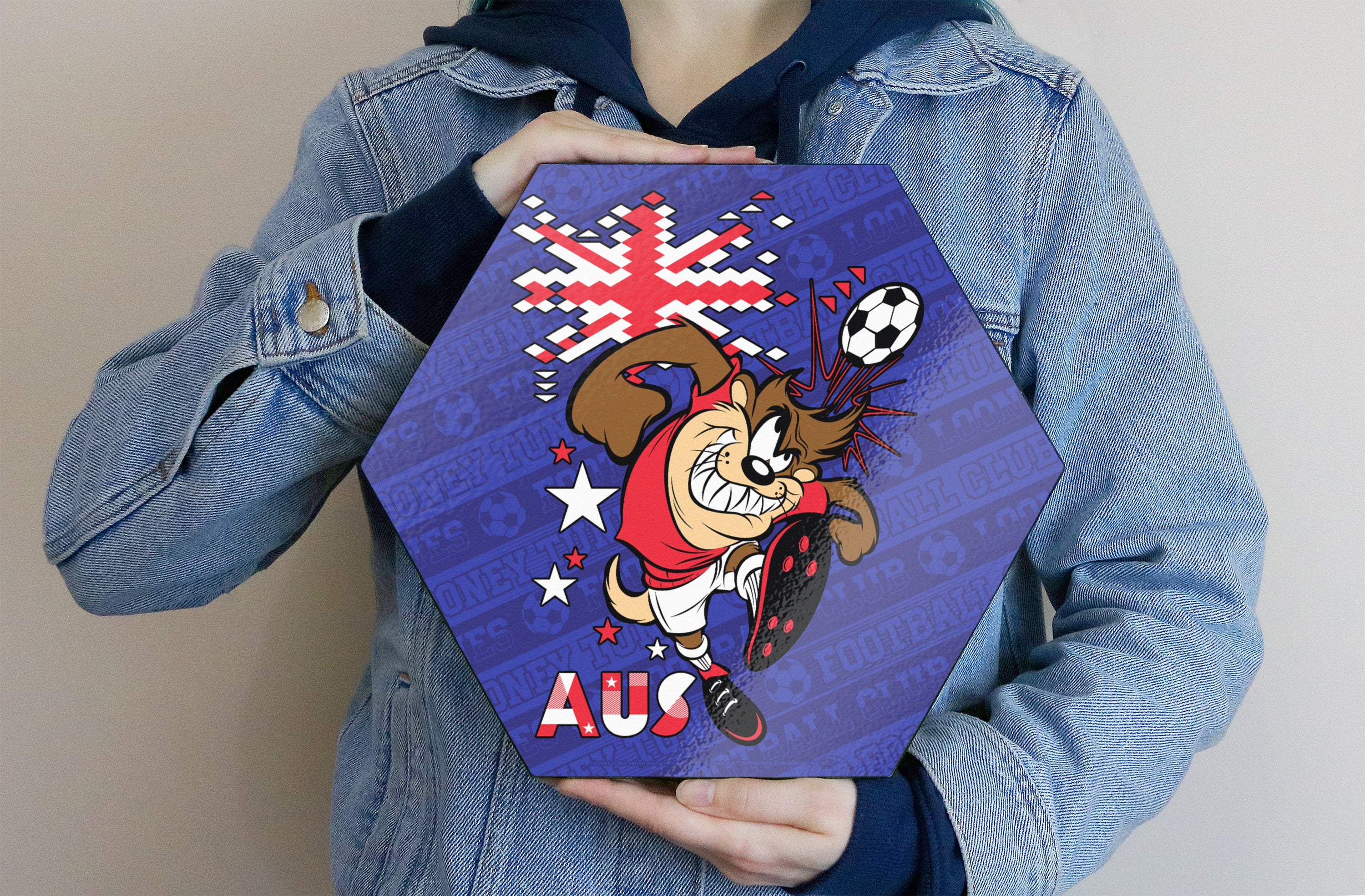 Looney Tunes (Team Australia Soccer - Taz) KNEXAGON® Wood Print WPHEX6149BOH