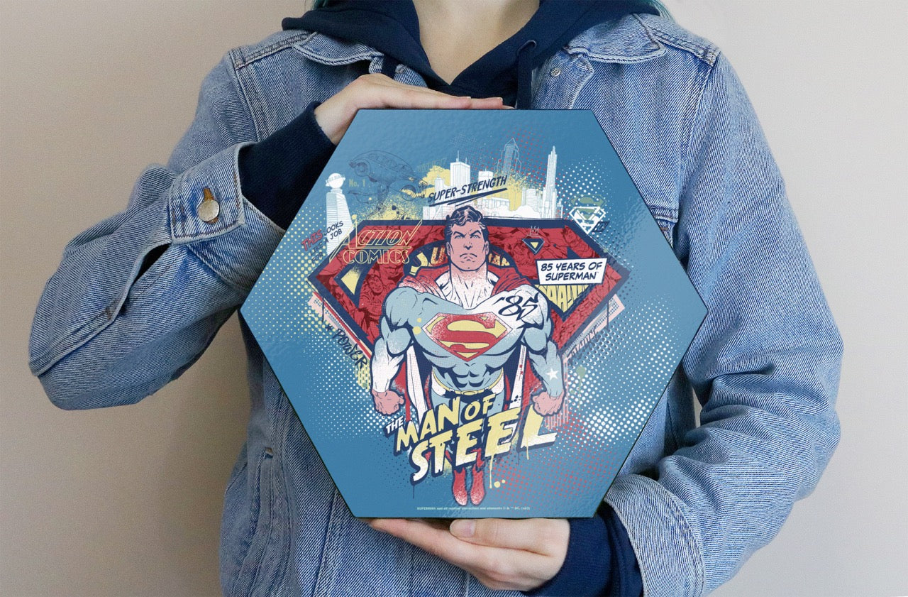 Superman 85th Anniversary (Man of Steel) KNEXAGON® Wood Print WPHEX6451