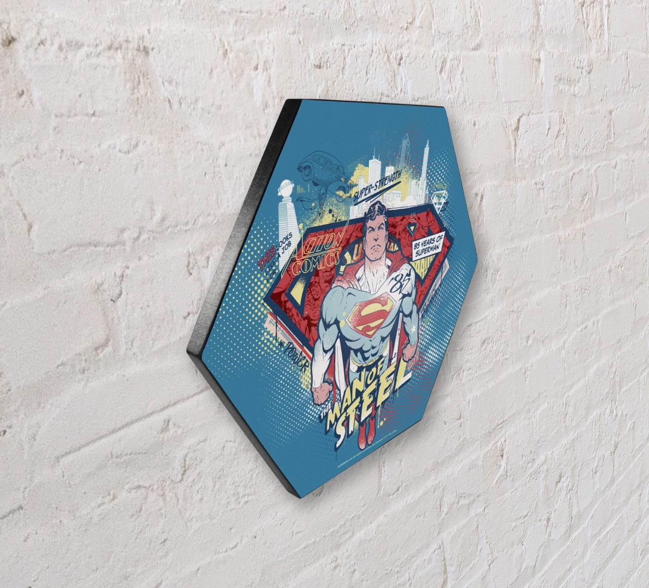 Superman 85th Anniversary (Man of Steel) KNEXAGON® Wood Print WPHEX6451