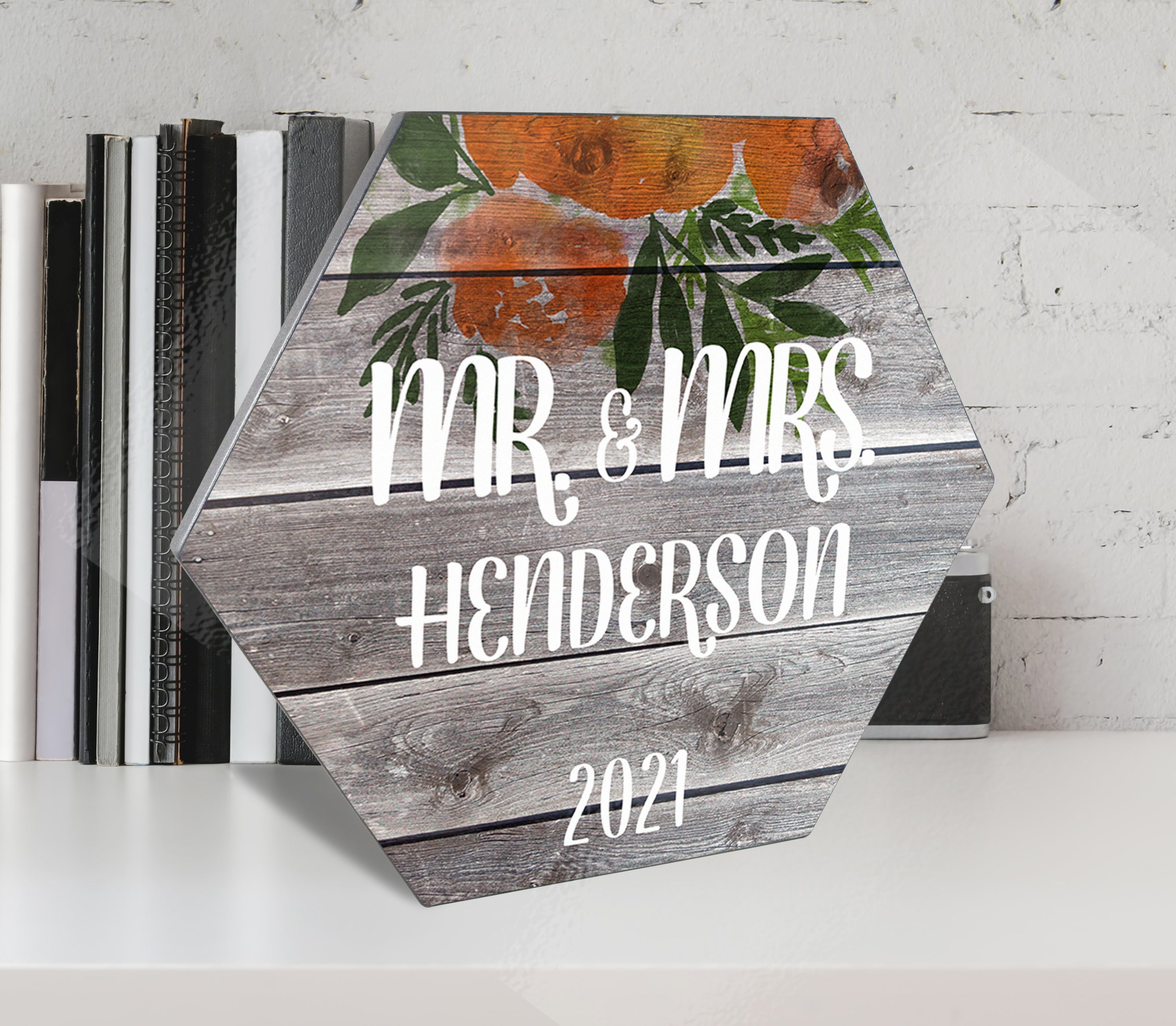 Wedding Collection (Mr. and Mrs. - Personalize with Name and Year) Hexagon KNEXAGON™ Wood Print