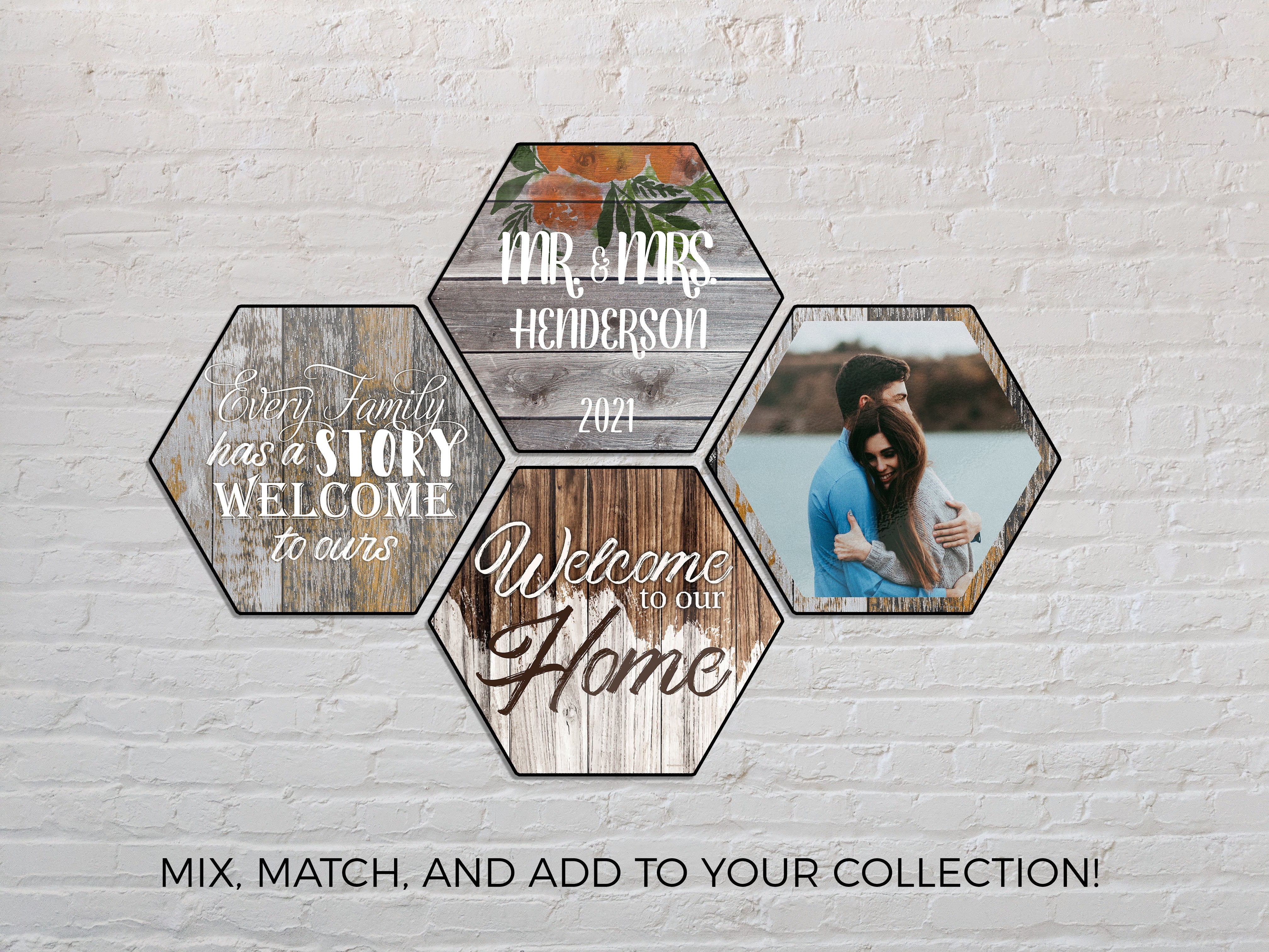 Wedding Collection (Mr. and Mrs. - Personalize with Name and Year) Hexagon KNEXAGON™ Wood Print