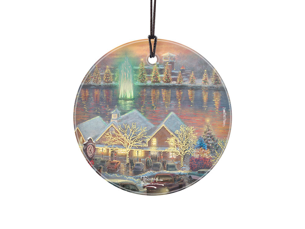 Thomas Kinkade (The Lights of Christmastown - Fountain) StarFire Prints™ Hanging Glass Print SPCIR1212